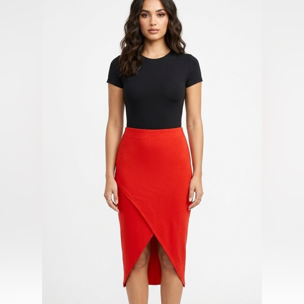 Kookai Asymmetrical Pencil Skirt Bodycon Bold Crimson Cocktail & Office Size 4